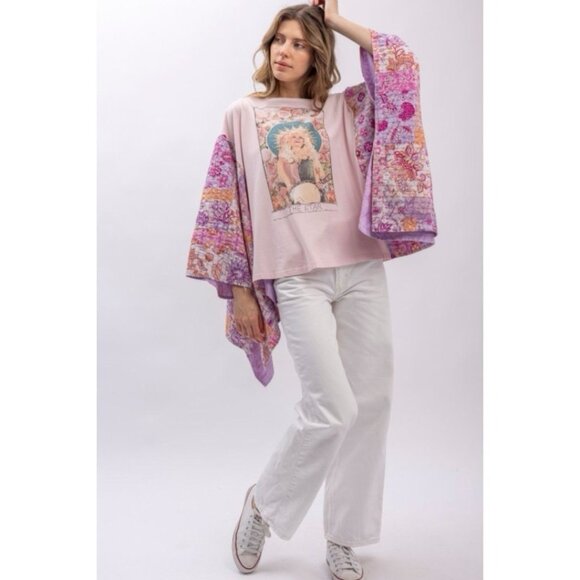 Blue Velvet Womens Upcycled Poncho Top Sz Large XL Pink Dolly Parton Kantha Boho - Picture 8 of 8